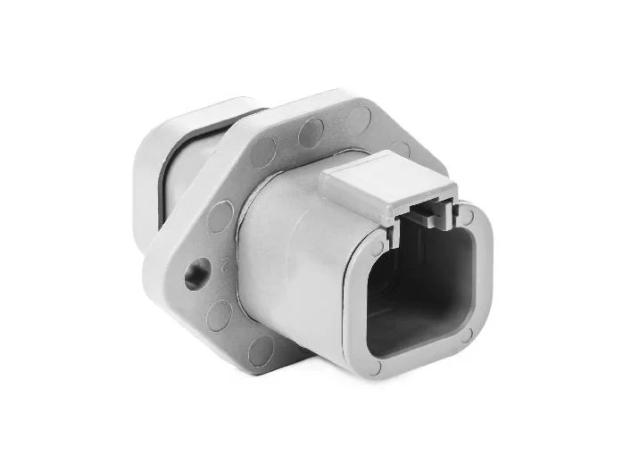 DTP04-4P-LE07 – DTP Series – 4 Pin Male Receptacle – End Cap – Welded Flange – Gray