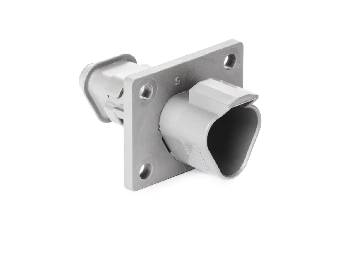 DT04-3P-LE08 – DT Series – Male 3 Pin Receptacle – Welded Flange, Shrink Boot Adapter, Gray